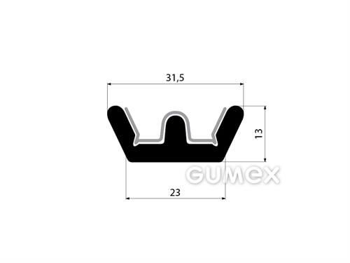 Profil gumový tvaru "W" so sametkou, 13x31,5/5mm, dĺžka 5000mm, 70°ShA, EPDM, -40°C/+100°C, čierny